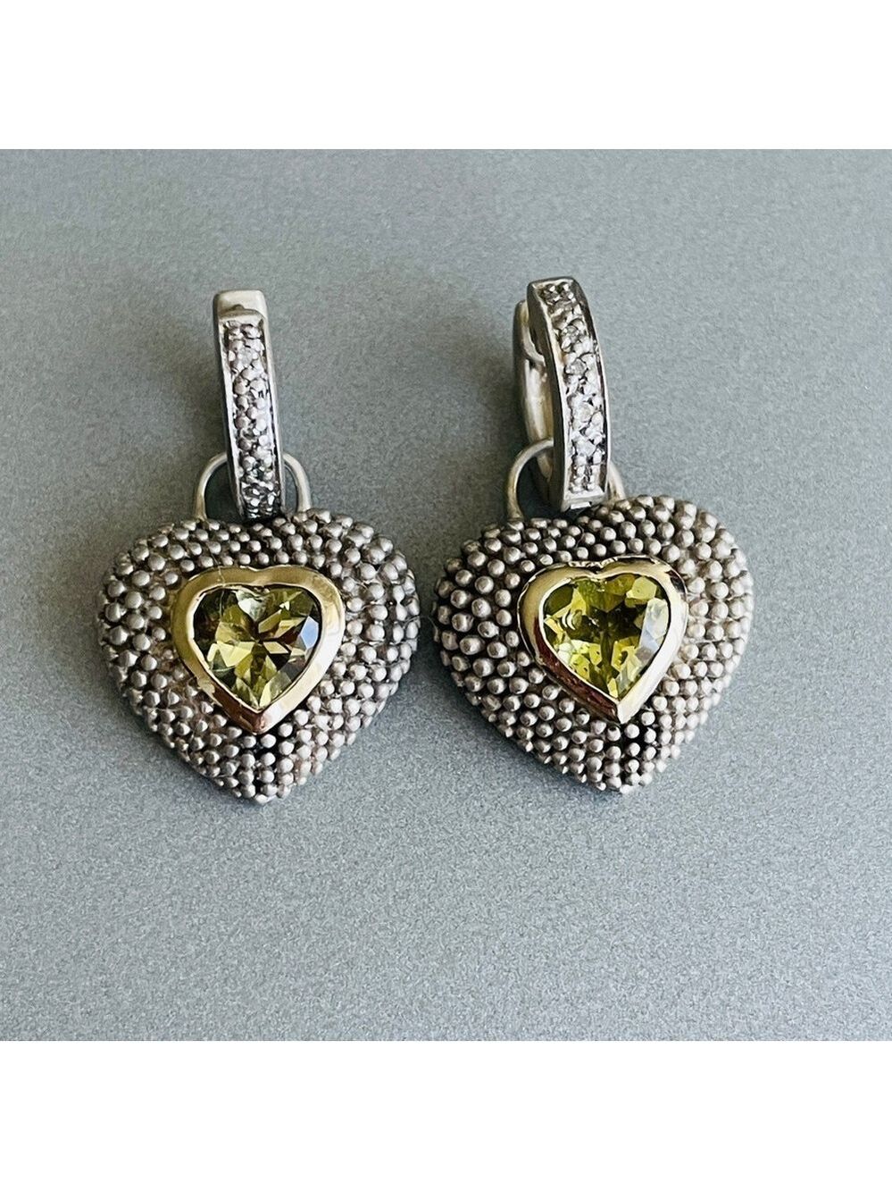 Diamond Heart Peridot Charm Huggie Caviar Dotted Earrings 14K Gold, Ster…
